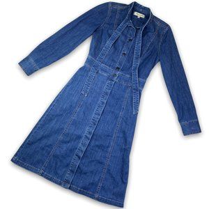 Madewell Women's Shirt Dress Size 00 Blue Denim Bow Tie Neck Stretch Button Down